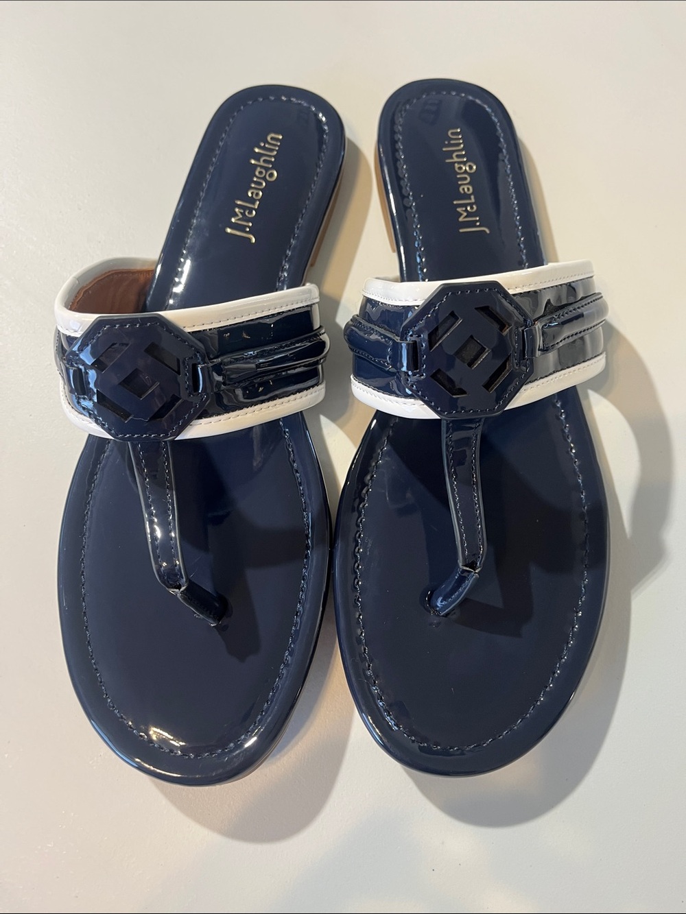 J. McLaughlin Navy Patent Leather Thong Sandals with White Trim - Picture 5 of 13